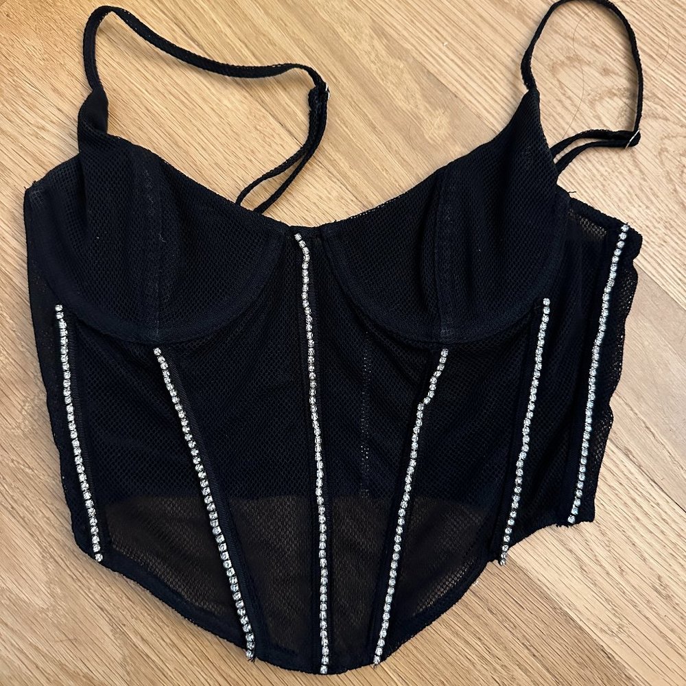 Princess Polly Cropped Mesh Black Rhinestone Corset